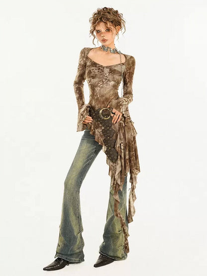 Asymmetrical Hem Bell Sleeve Coffee Blouse