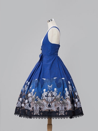 Blue Skeleton Cross Print Under Bust Gothic Lolita Dress with Black Lace Trim - NnSTAR