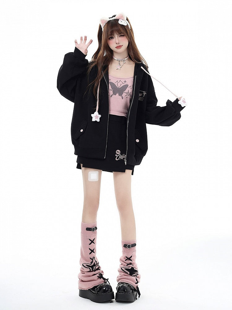 Black Hooded with and Charm Embroidered Jacket Star Drawstrings Chest Lettering