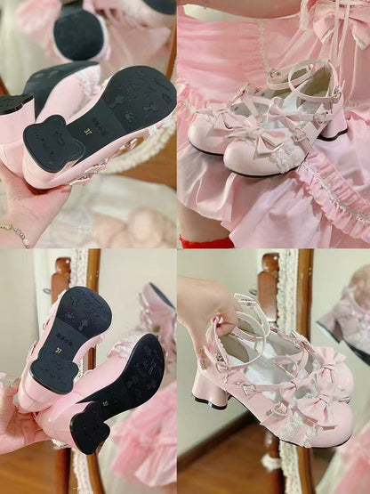 Heart - Sweet Design Mary Pink Kitten Lolita Mid-Heel Heel Janes Crisscross Snap with