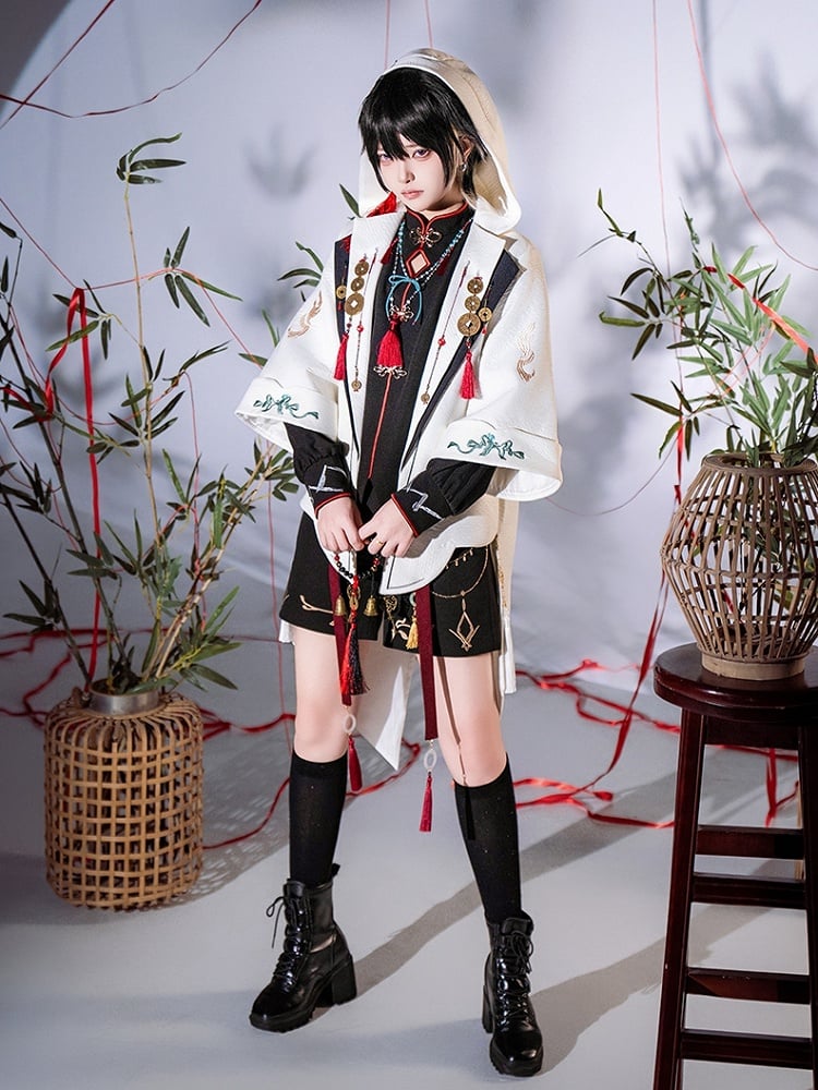 Top with Copper Hooded Ouji Charms Fashion and Chinoiserie Coin Jacquard Tassel White