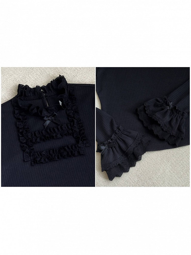 Black Long Sleeve Stand Collar Lolita Knit Top with Lace Trim - With PUJI