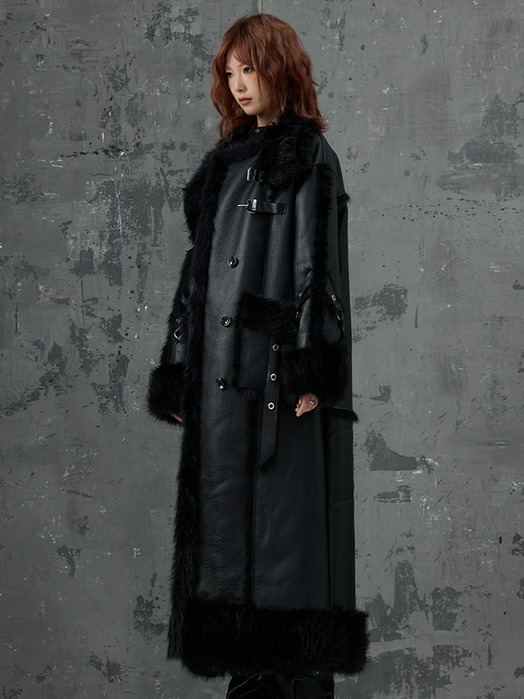 Buckles Metal Accents Fur Black Punk Coat Leather With Faux