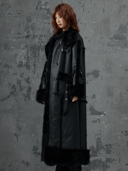 Buckles Metal Accents Fur Black Punk Coat Leather With Faux
