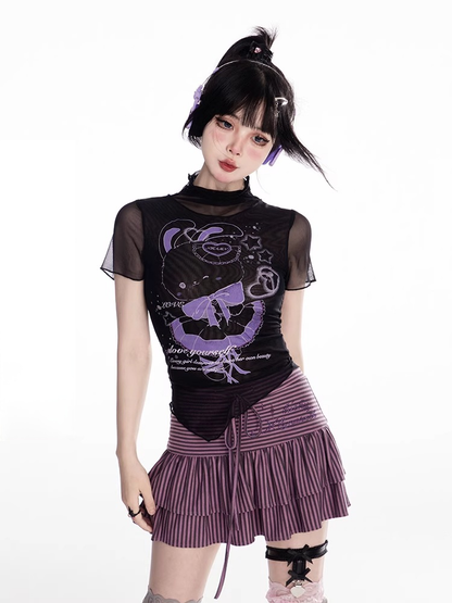 T-Shirt Schwarz Mock Neck Mesh Y2K Süßer Hasendruck Gebogener Saum