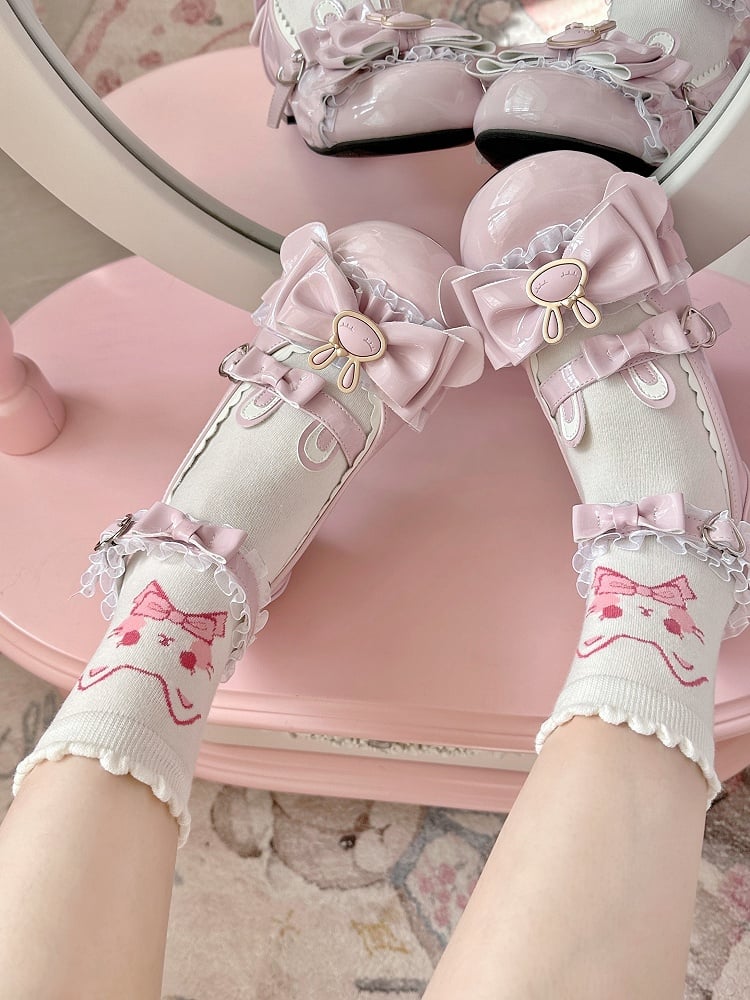 Kitty Ankle White Pink Print Socks Lolita