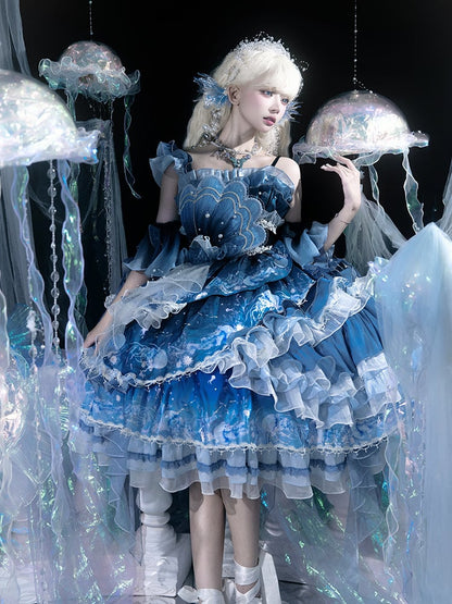 Ruffles Accents Lolita Jellyfish-Inspired Blue Full Set Dress and Bead Gradient with Layered