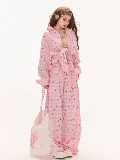 ピンクの星柄ドローストリングウエストワイドレッグチェックパンツ