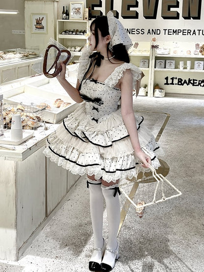 ドレス ポルカ スイート ティアード ドット ベージュ スカート ウエスト バスク ブラック