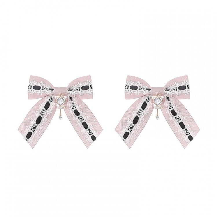 Hairclips Lace-Threading with Light Blue Intricate Bow Jirai Kei Pink/Light