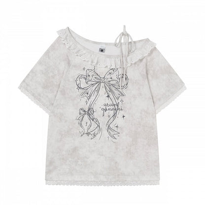 White Asymmetrical Shoulder Short Sleeve T-Shirt with Bow Print & Lace Trim - Languid Park
