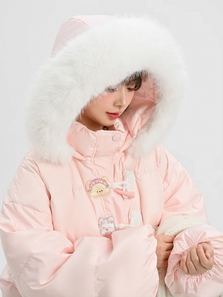 Rosa Daunenmantel mit Kapuze und Plüschbesatz mit süßem Bären und Kätzchen