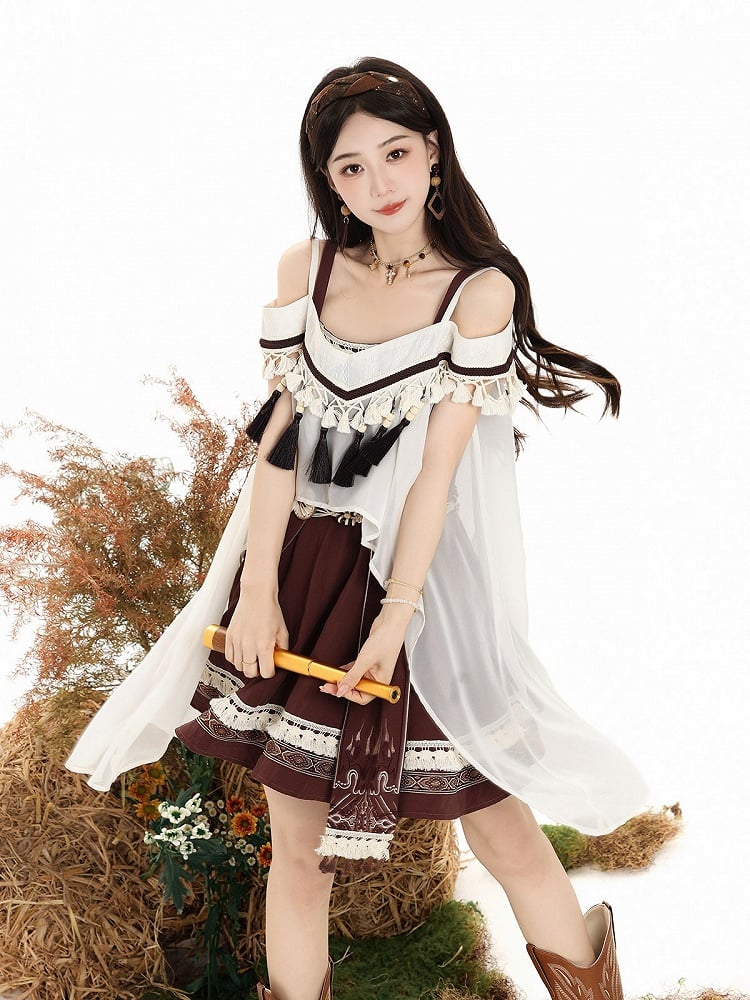 Brown & White Cape + Dress Set with Fringe and Waist Belt - Wasteland Style - Unknown Star
