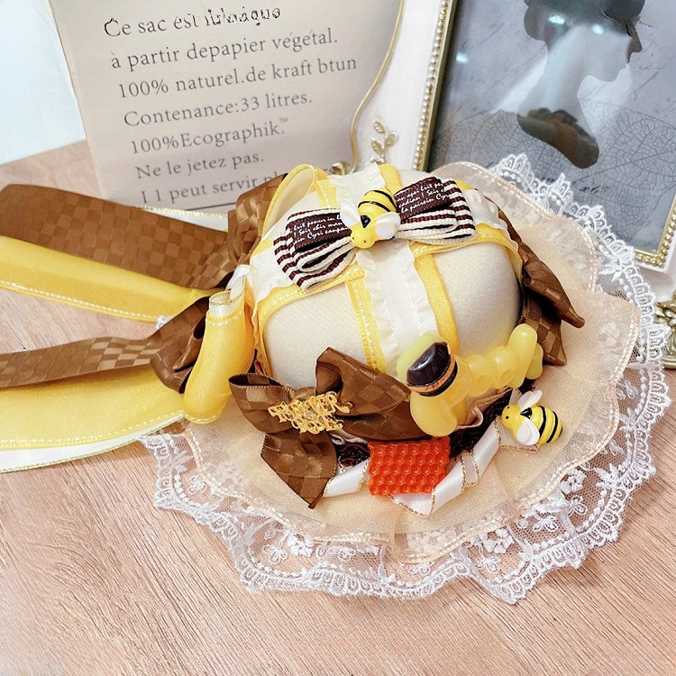 Hat And Lace Lolita Plaid Sweet Trim Yellow Honey Design Bee Mini Bowknot Details