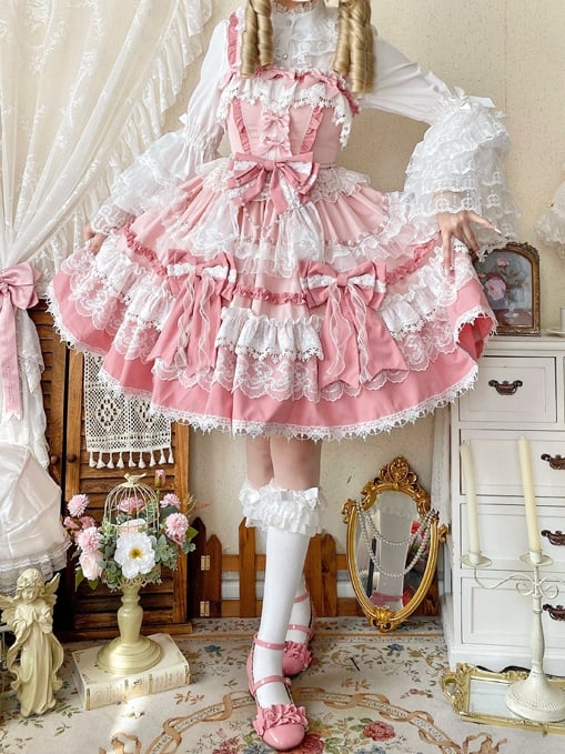 Süßes Kleid mit rosa Perlendetails, abnehmbaren Schleifen und gestuftem Lolita-Rock