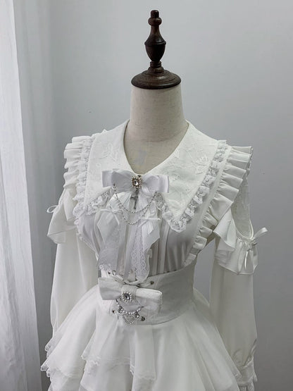 Crisp White Ryousangata Blouse with Lace Cutout Shoulders & Long Sleeves - Ekomi