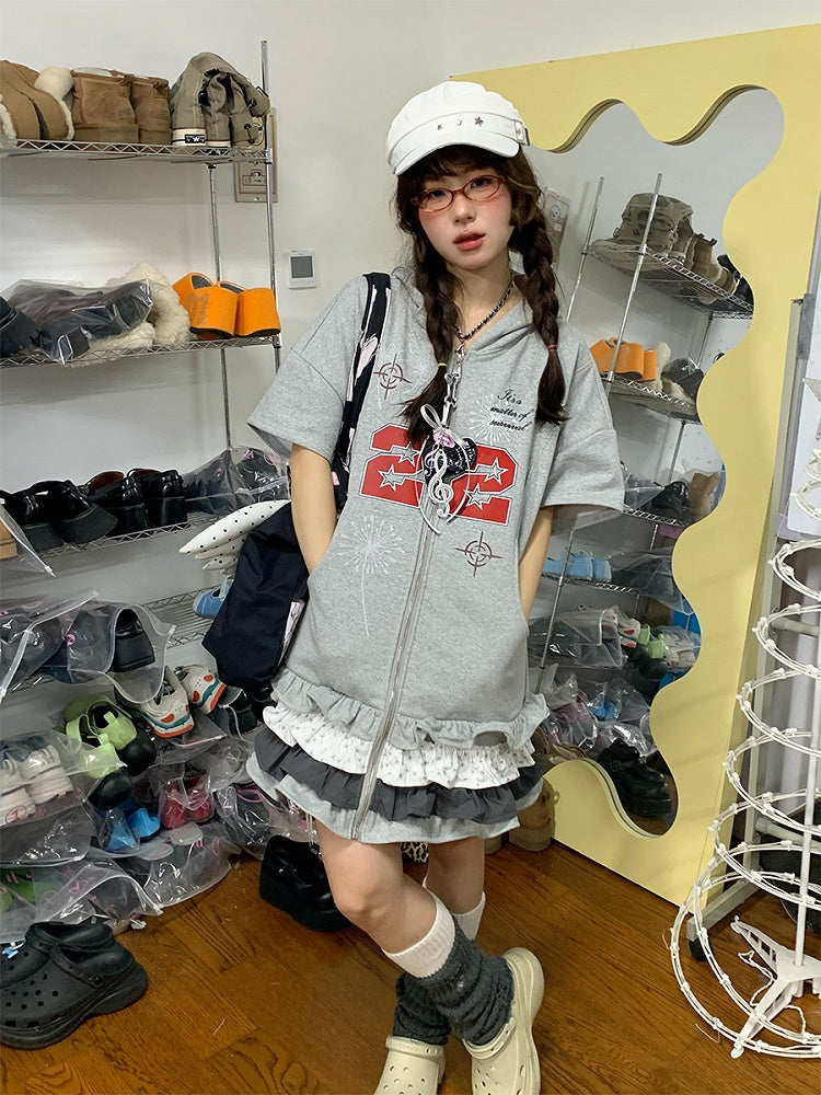 Tiered Hem with Dress Hoodie Number Ruffle Zip-Up Print Gray