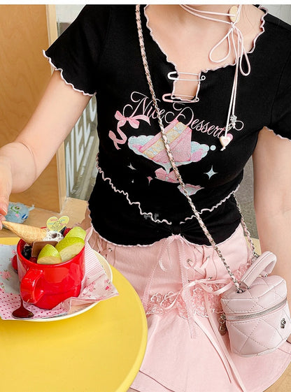 Neckline Black Cake Print Lettuce Hem Hem Pin Bow Big Details Sweet T-Shirt
