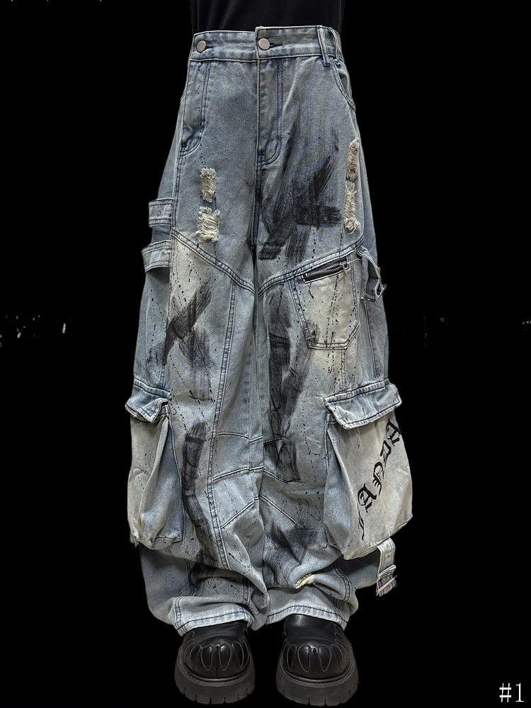 and Blue Distressed Cargo Wide-Leg Edgy with Pockets Jeans Graffiti Accents