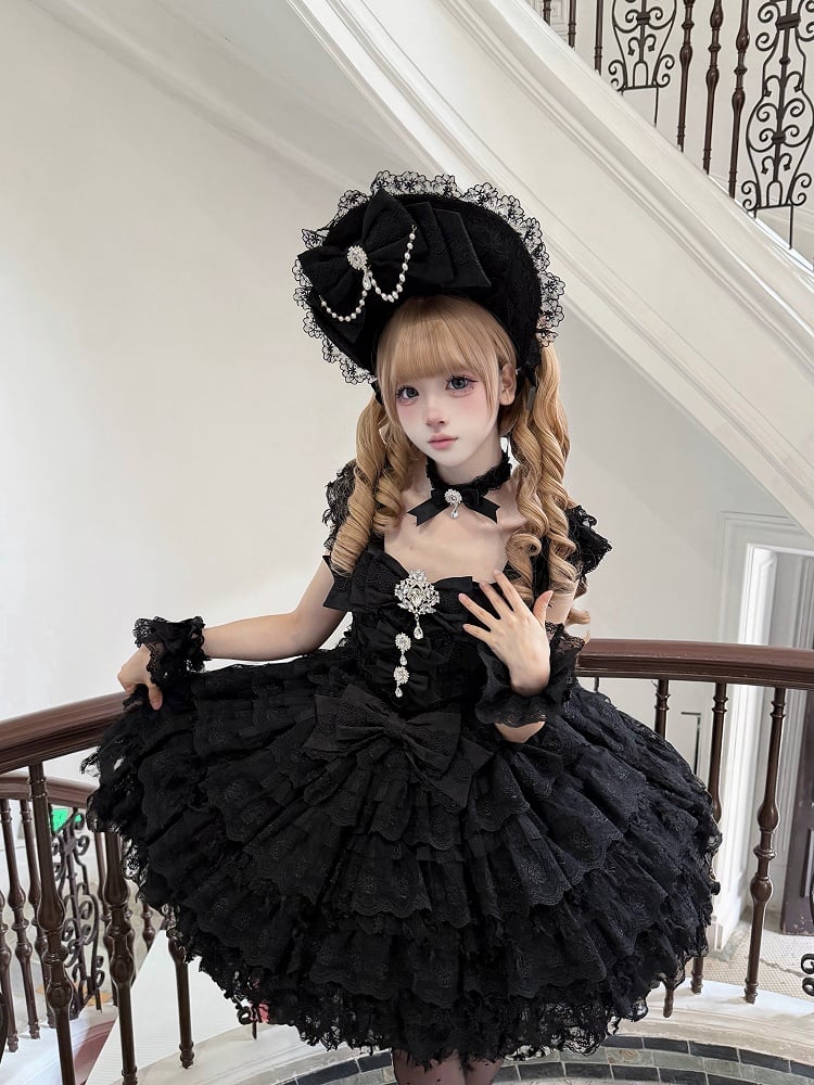 Details Skirt Sweet Lace JSK Rhinestone Lolita Multi-Layered Hime-Style with Bow Black Dress