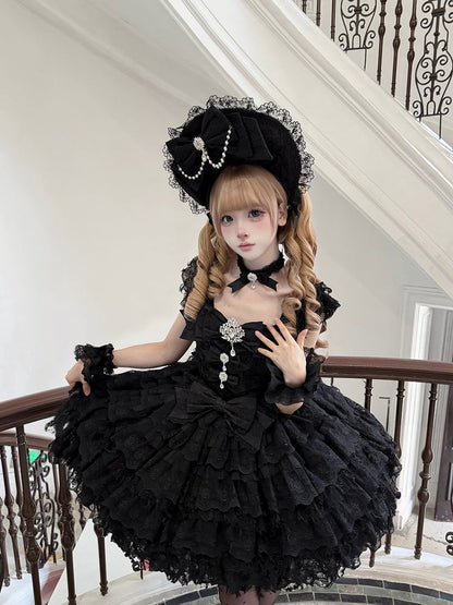 Sweet Hime-Style Rhinestone Lolita Multi-Layered with Black / Dress Skirt Details Bow Train Choker Big JSK Lace +