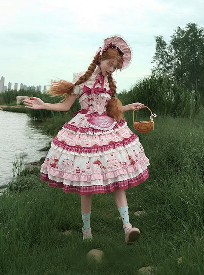 Pink Cherry Cake Print Sweet Lolita Dress with Layered Ruffles - Strawberry Fantasy