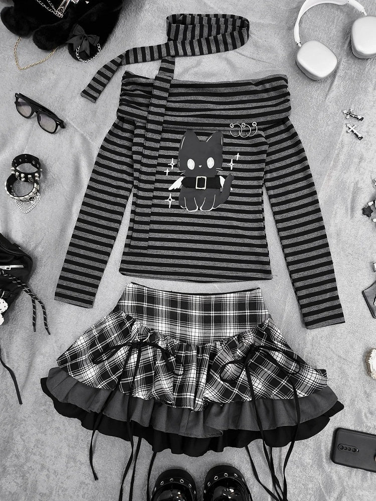 Gray Striped Top Neckline Black and Scarf with Bittersweet Kitten Print Off-the-shoulder