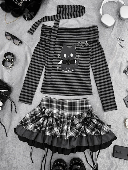 Gray Striped Top Neckline Black and Scarf with Bittersweet Kitten Print Off-the-shoulder