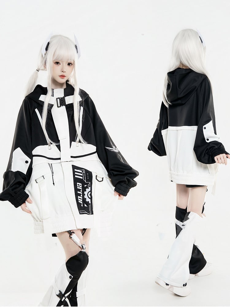 in futuristischer Techwear, abnehmbares weißes Design, Colorblock-Landmine-Stil, schwarze Jacke und