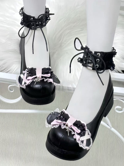 Cross Dangling Lace-Up Black Mid-Heel Mary Style Pink Janes: Ankle with Bow Landmine