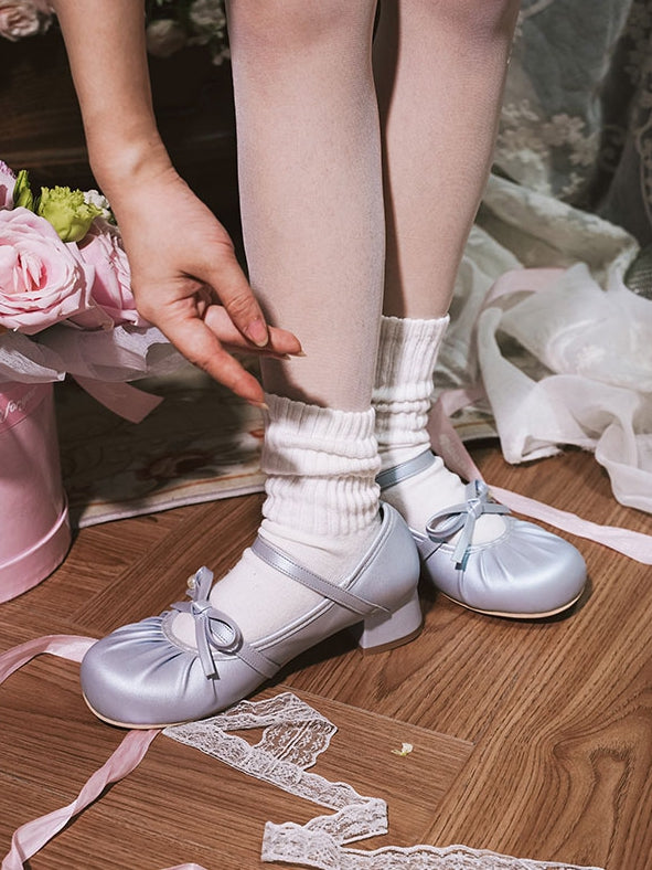 Blue Sweet - Toe Mary Janes Knotted Low-heel Buckle Top Heart Lolita Rhinestone at Bow Round