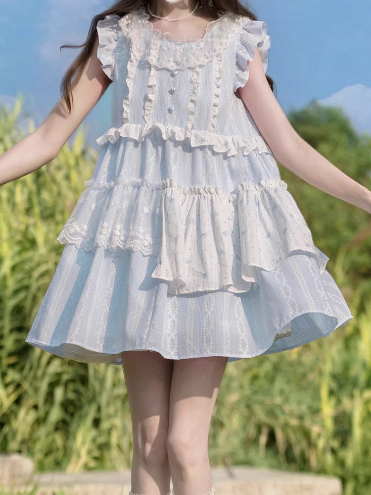 Light Blue Patchwork Design Sweet Flutter Sleeves Dress