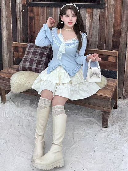 Plus Size Hellblaues zweiteiliges Top mit Rüschenbesatz und V-Ausschnitt und langen Ärmeln