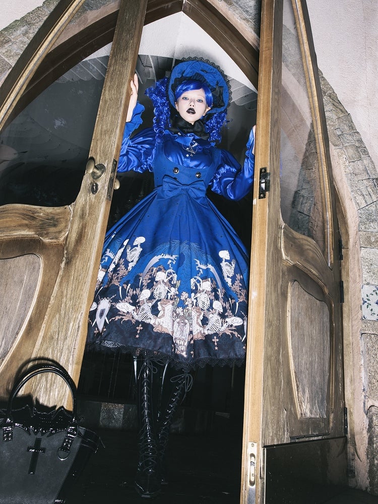 Blue Skeleton Cross Print Under Bust Gothic Lolita Dress with Black Lace Trim - NnSTAR