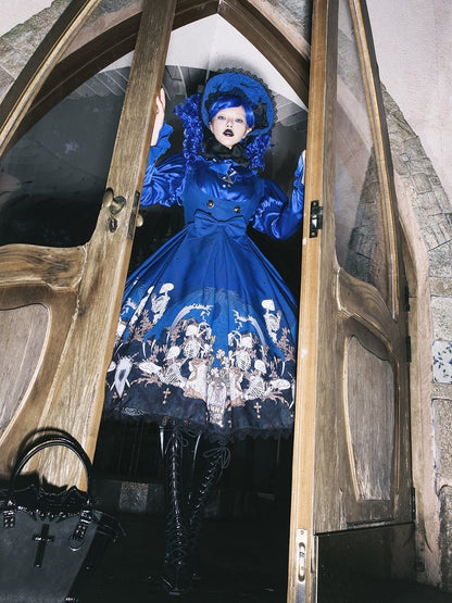 Blue Skeleton Cross Print Under Bust Gothic Lolita Dress with Black Lace Trim - NnSTAR
