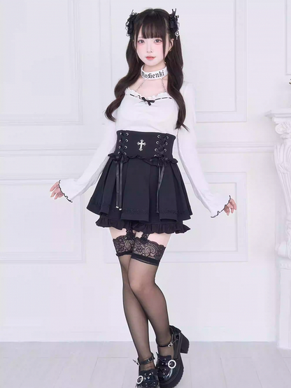 Jirai Shorts Style Kei Waist Lace-Up Skirt Cross High Lining with Decor Black