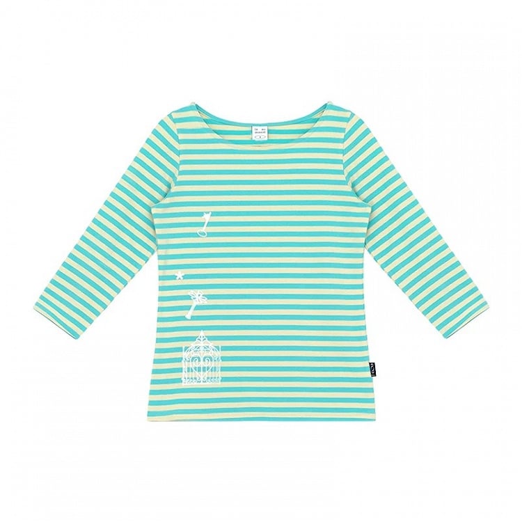 Mint Striped Wide Round Neck Long Sleeve T-shirt with Key and Iron Gate Print - innomoood