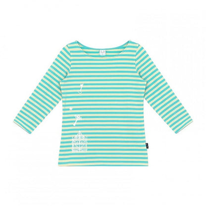 Mint Striped Wide Round Neck Long Sleeve T-shirt with Key and Iron Gate Print - innomoood