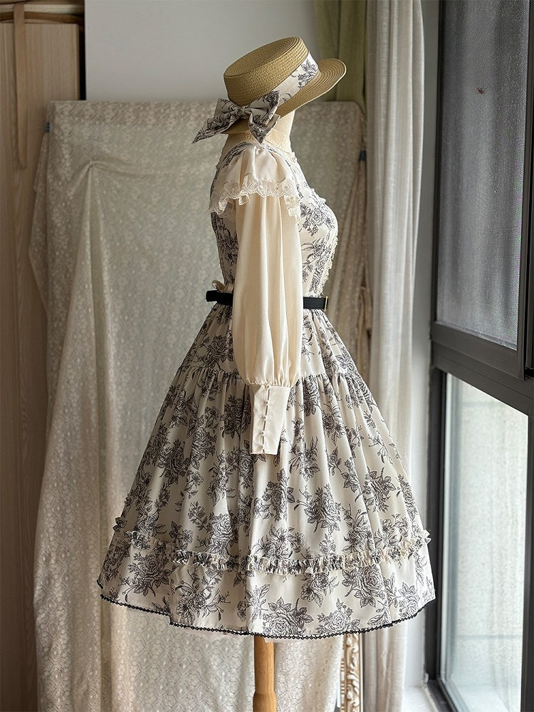 Beige & Black Rosette Print Elegant Classic Lolita JSK Dress with Lace Trim