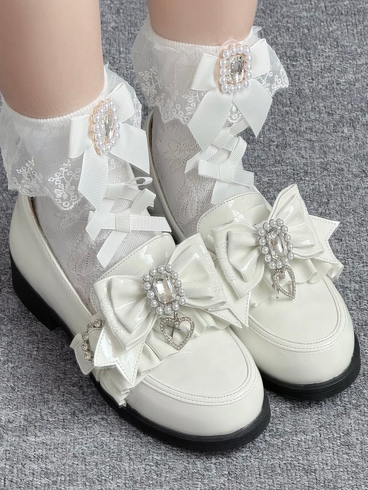 Leather Heels Rhinestone Bead PU Kei with Low Bow Jirai Polished White