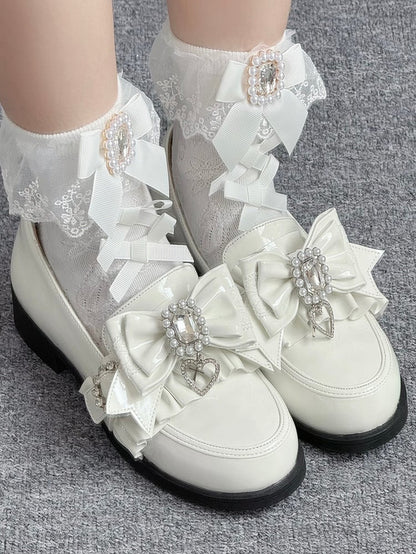 Leather Heels Rhinestone Bead PU Kei with Low Bow Jirai Polished White