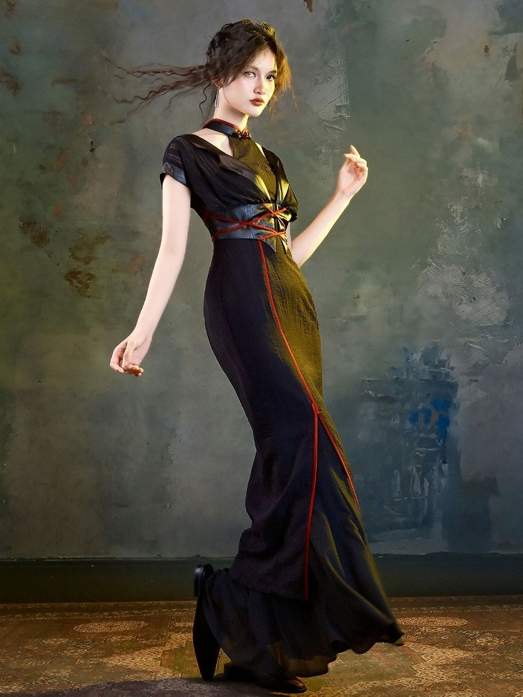 Red Lace-up Detail Knee-high Slit Dress with Detachable Padded Cups - sijinstudio