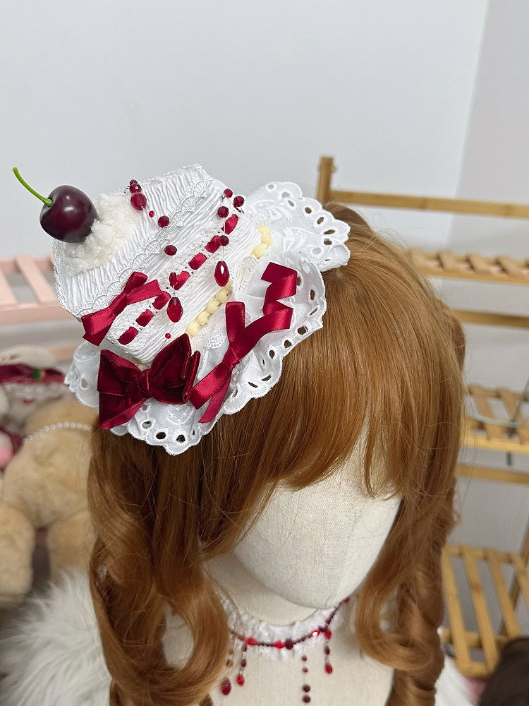 Mini With Beads Hat Red Triangular Gothic Cake Lolita White