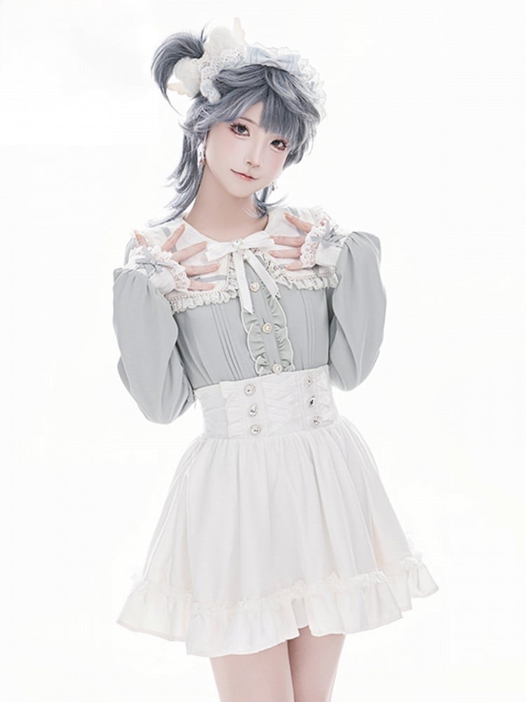 Blouse Blue Jirai Kei and Buttons Long Lace Heart Collar Square Light with Sleeve Inspired Beaded
