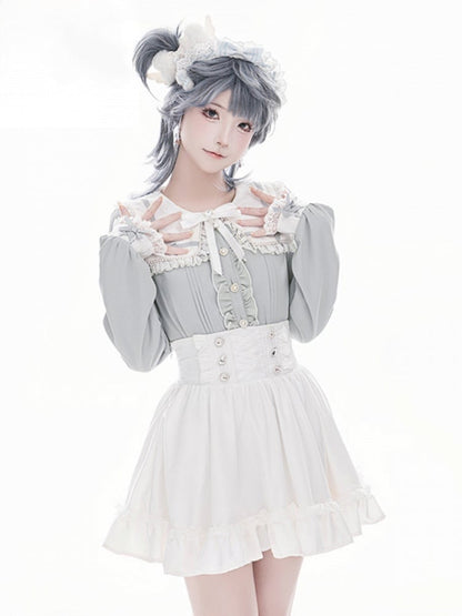 Blouse Blue Jirai Kei and Buttons Long Lace Heart Collar Square Light with Sleeve Inspired Beaded