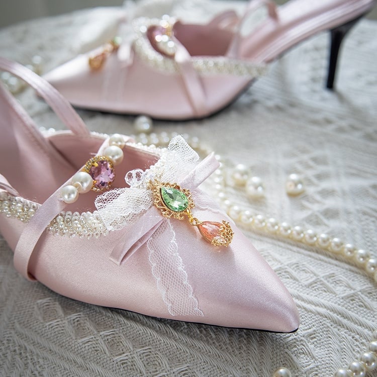 Pink Slingback at High Rhinestone Vintage Bow Top Sandals Heels Charm