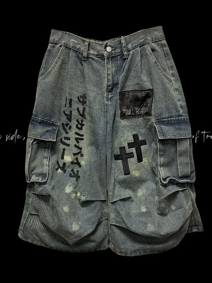 Light Wide-leg Appliques Cross Punk Blue Distressed Wasteland Jeans Cargo