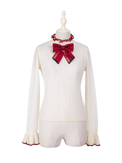 フリルアプリコット、リボン結び、ロングトップ、レッドスリーブ、ネックライン