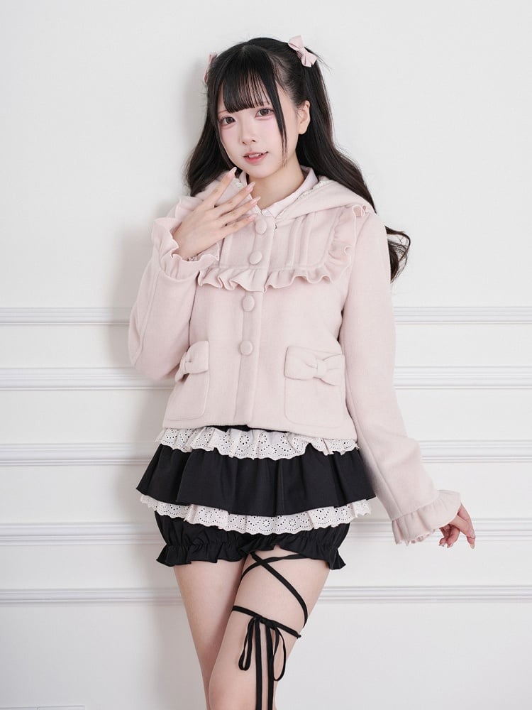 Ruffle-Trimmed Short Hooded Jacket in Pink Ryousangata Wool Blend - No Genki