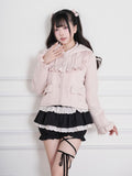 Ruffle-Trimmed Short Hooded Jacket in Pink Ryousangata Wool Blend - No Genki